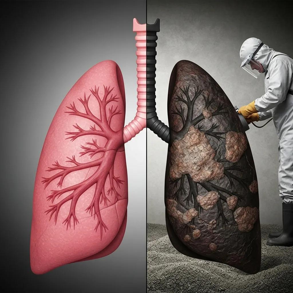 Side-by-side comparison of a healthy lung and a lung affected by asbestos-related disease