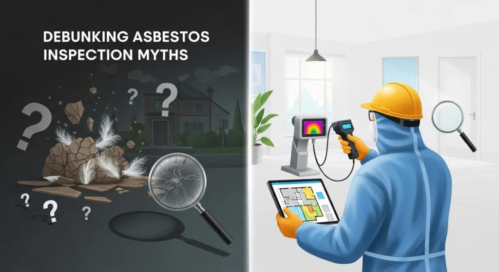 Debunking asbestos inspection myths with an inspector in protective gear using technology to assess property safety, featuring visual elements like a magnifying glass and digital tools.