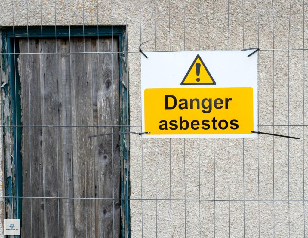 ### Key Elements  - **Main Subject**: Warning Sign - **Text**: "Danger asbestos" - **Symbols**: Exclamation mark indicating caution - **Background**: Weathered wooden door and a fenced area - **Color Scheme**: Yellow and black for visibility  ### Description The image prominently features a warning sign that reads "Danger asbestos," highlighted by a yellow background and a caution symbol. This sign is attached to a fenced area, with a backdrop of a weathered wooden door, suggesting an abandoned or restricted site. The overall mood conveys a sense of urgency and caution, emphasizing the potential hazards associated with asbestos.