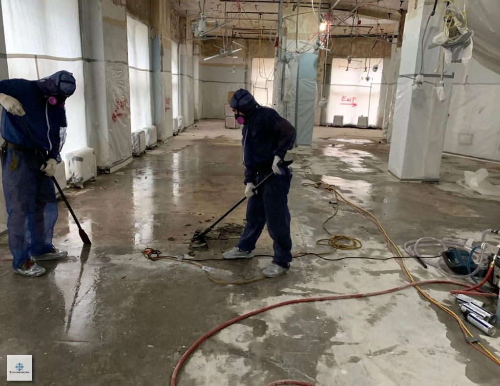Technician demonstrating the asbestos removal process with safety measures