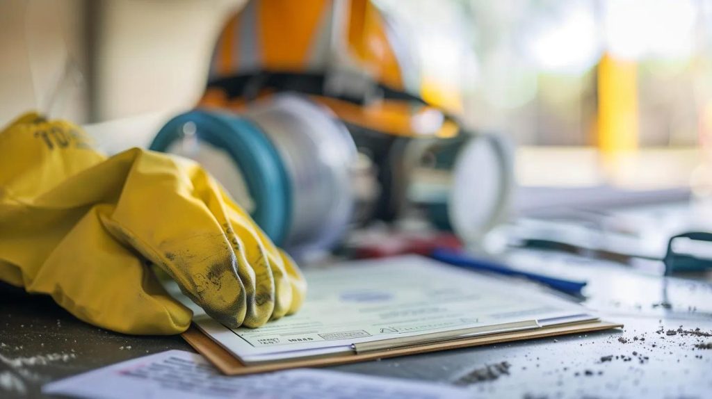 Close-up of asbestos removal certification document with safety equipment in a clean workspace