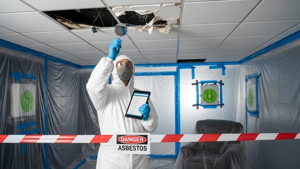 Emergency asbestos removal process showing contractor inspecting for hazardous materials in a residential home