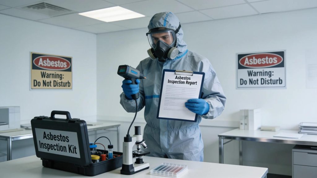 Asbestos inspection environment with inspector in safety gear evaluating documents
