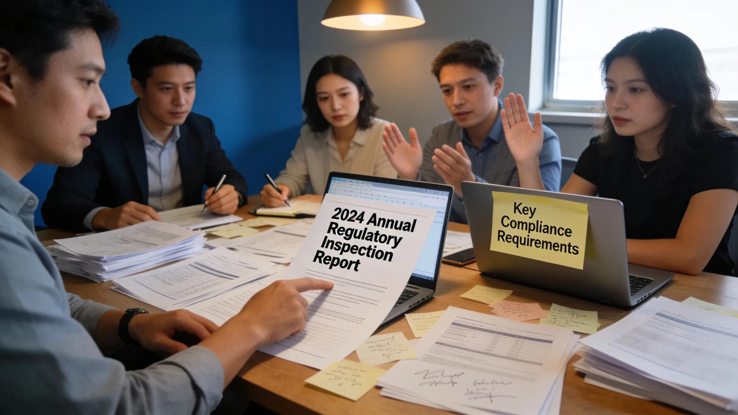 Team reviewing asbestos inspection report post-evaluation in an office setting