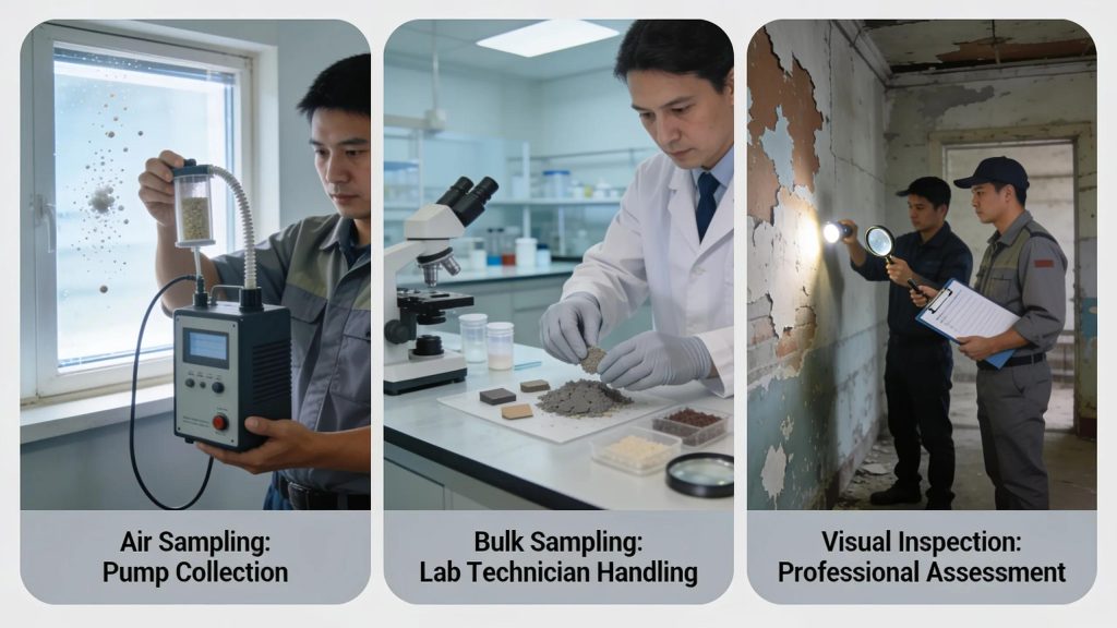 Different asbestos testing methods including air sampling, bulk sampling, and visual inspections by professionals in an older building