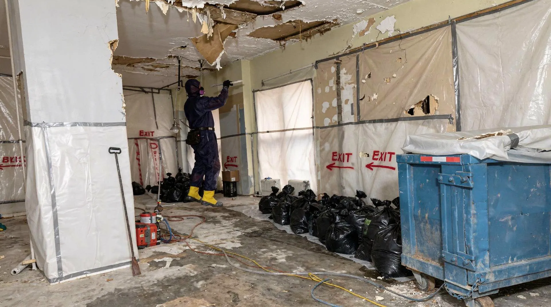 Damaged asbestos materials may release asbestos fibers and become a serious health hazard.; Renovation work